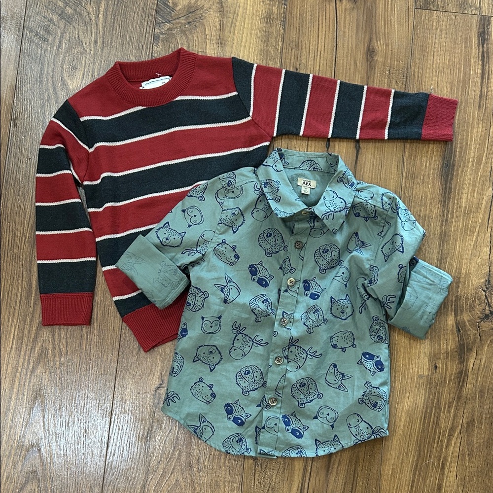 Red and charcoal  Striped Kids Sweater and Woodland creatures button down